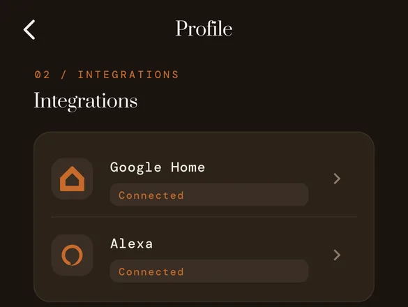 Integrations in the meshams app: Google Home and Alexa, both Connected