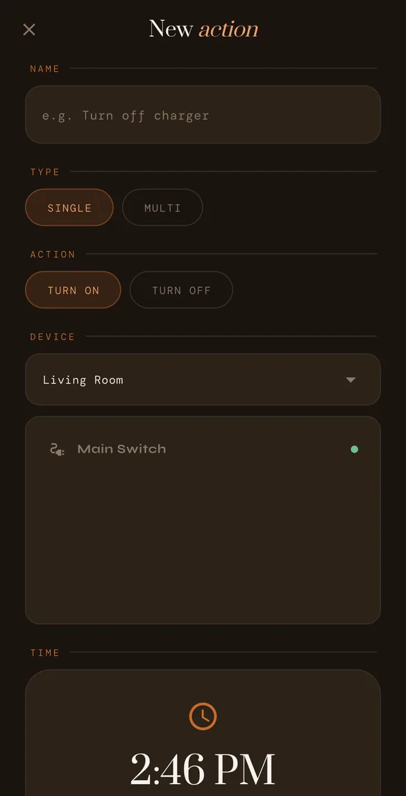 New action screen: name, type Single or Multi, Turn on or Turn off, device and time