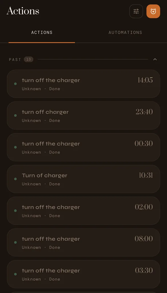 Actions list showing past 'turn off the charger' actions, each marked Done