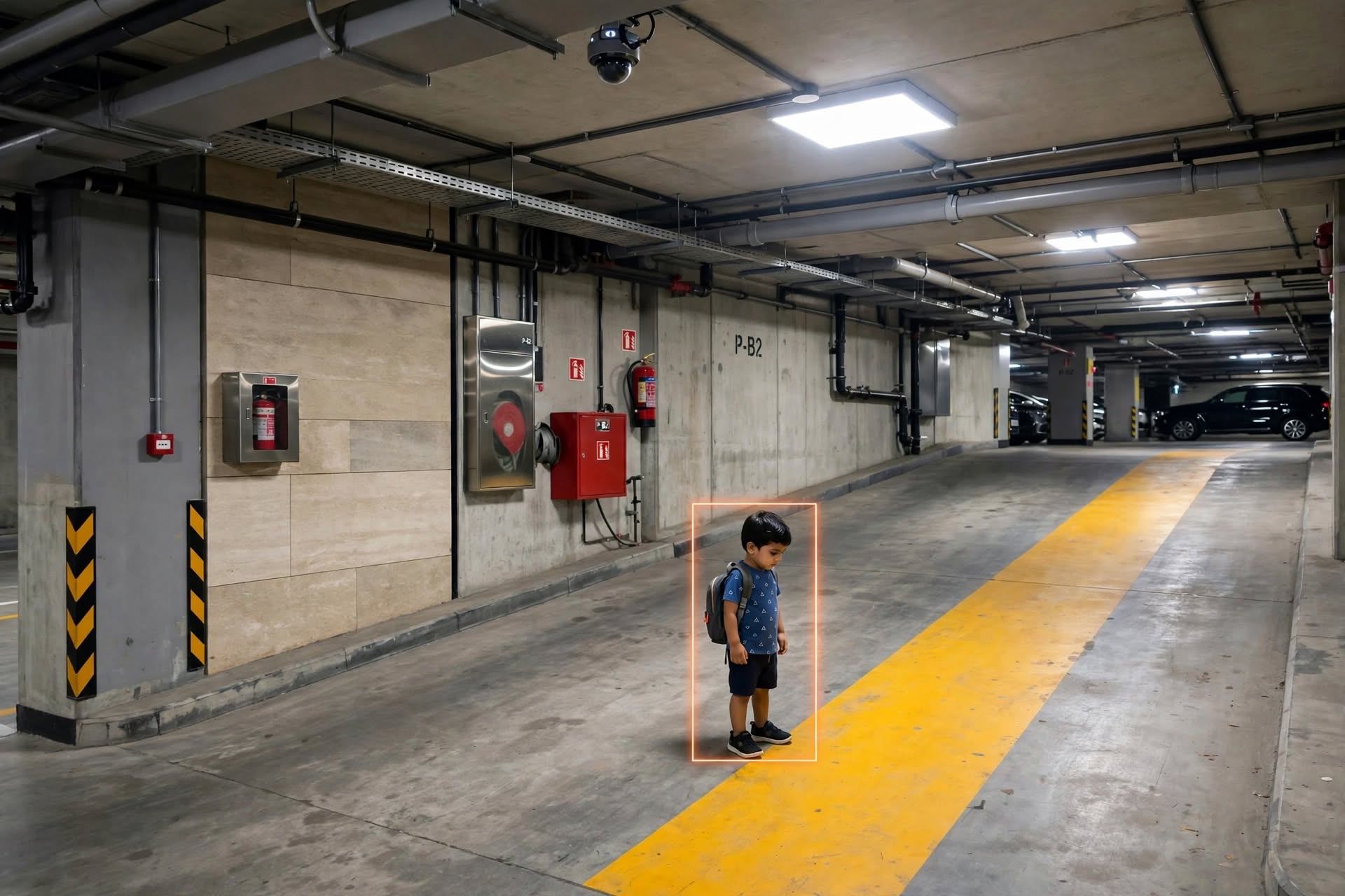 Alert if a young child is near the basement ramp without an adult.