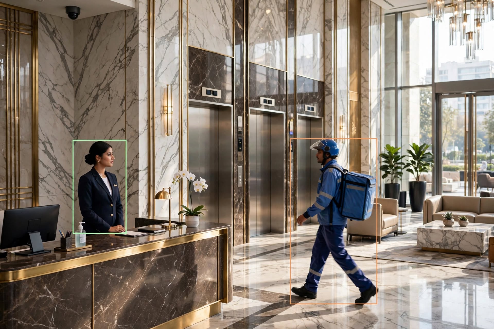 Alert if a delivery rider goes past the lobby desk.