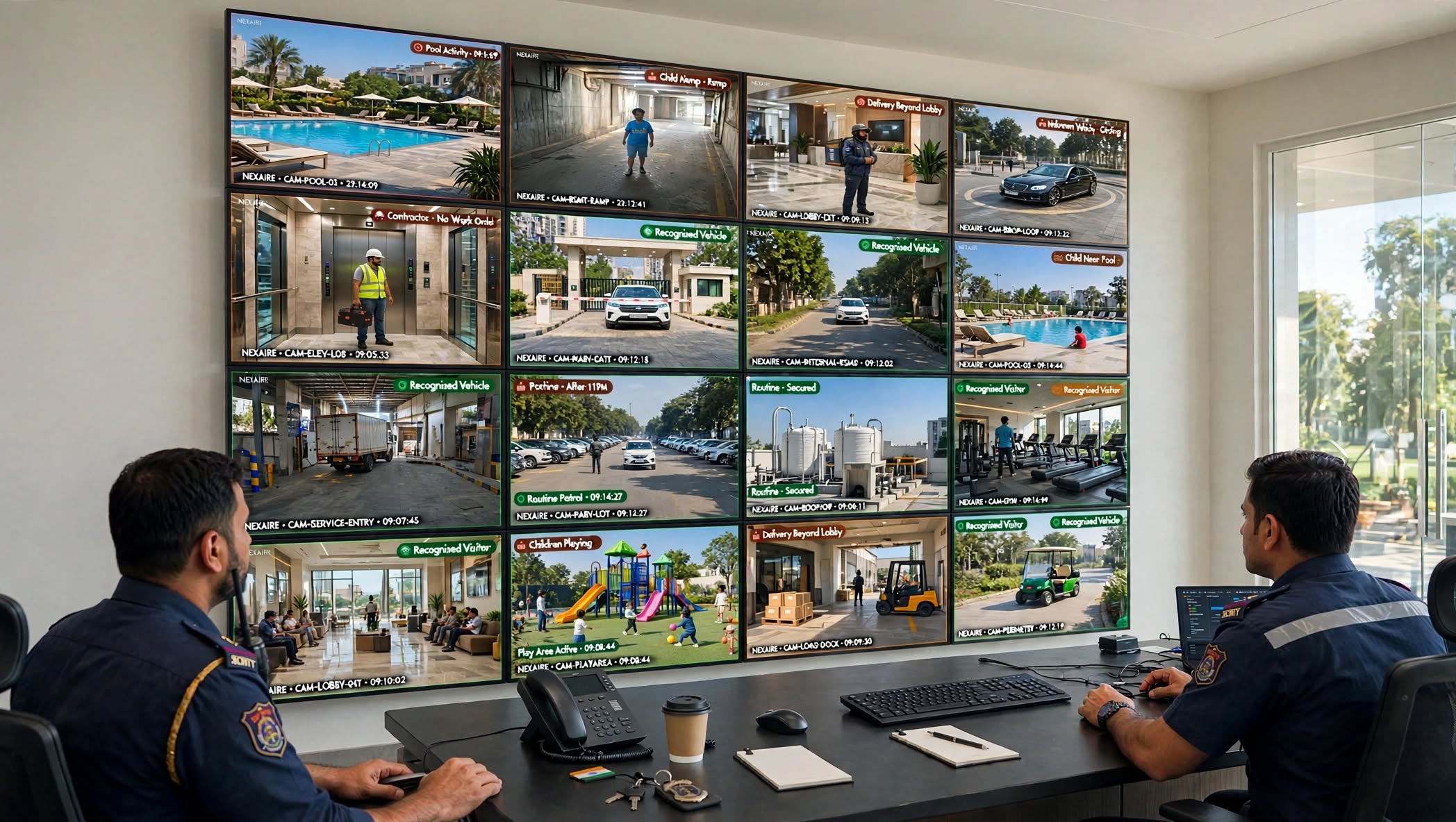 A security operations centre with sixteen live camera feeds, every rule running at once